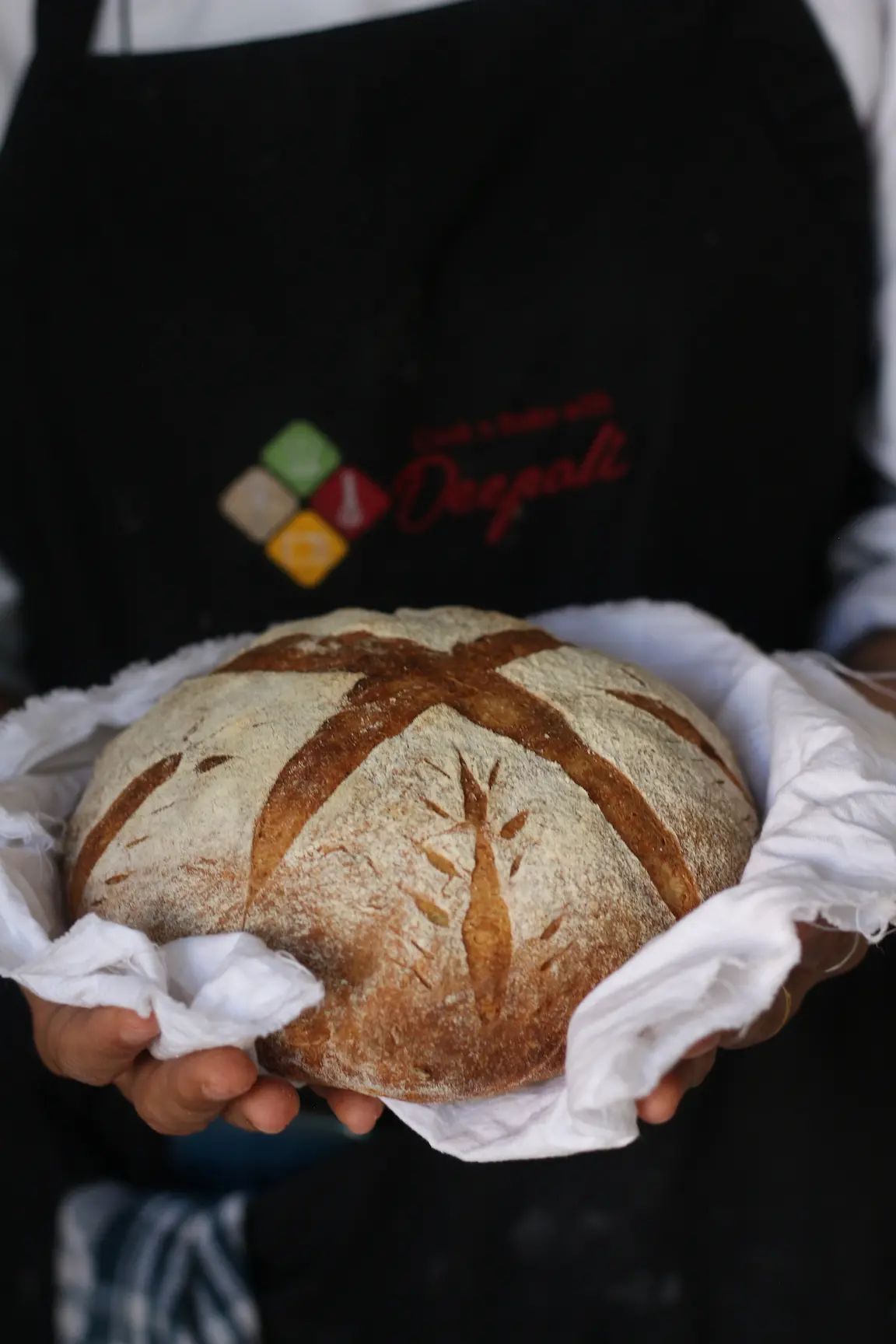 Freshly baked sourdough loaves with a golden crust